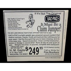 Vac Pac H M Gajda Print Ad Vintage 90s Marysville CA Gold Panning Prospecting